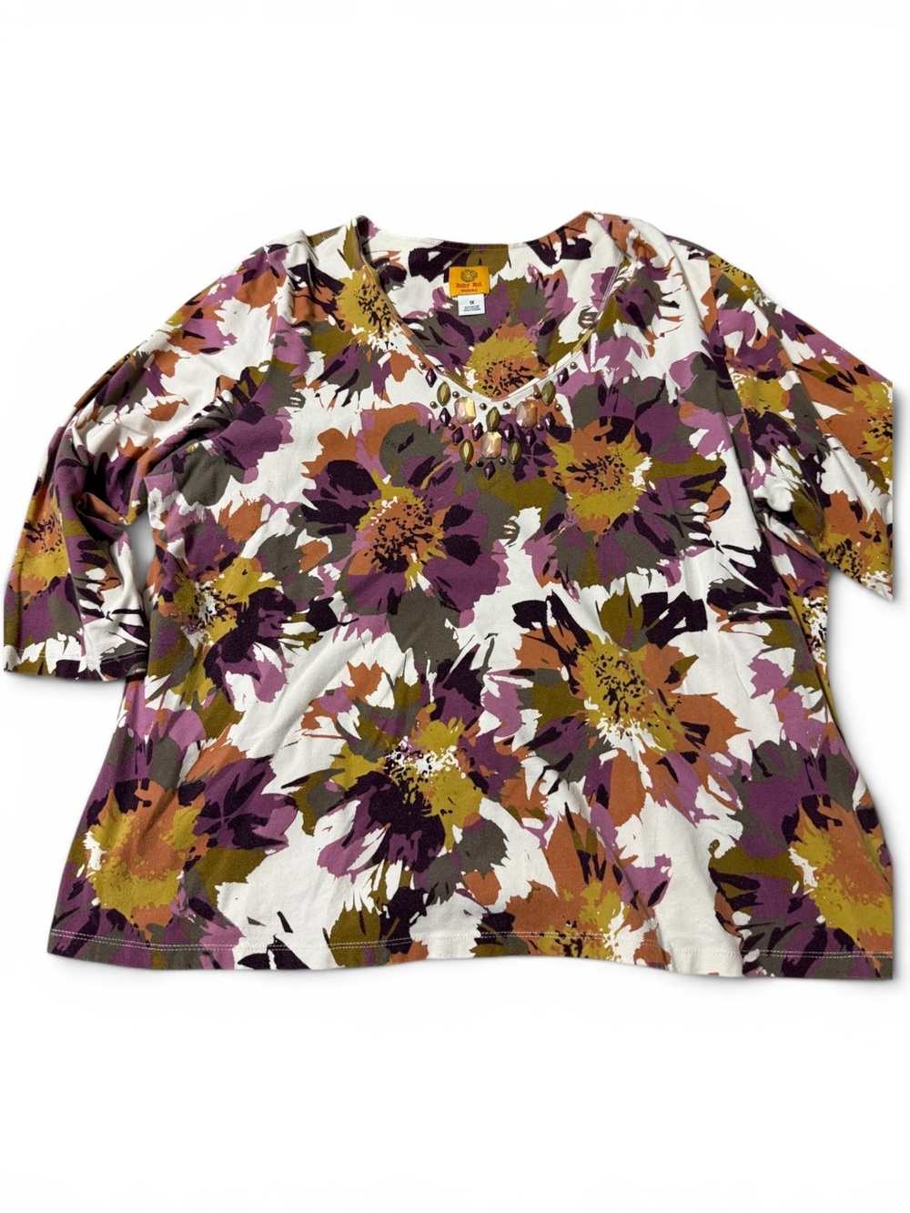 Rudy Rd Floral Jewel-Neck Scoop Top - Purple/Mustard/Olive